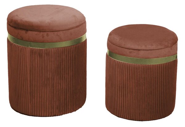 Set 2 Pouf Contenitore Ø35 cm e Ø39 cm in Tessuto Velluto Terra Di Siena