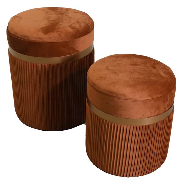 Set 2 Pouf Contenitore Ø35 cm e Ø39 cm in Tessuto Velluto Terra Di Siena