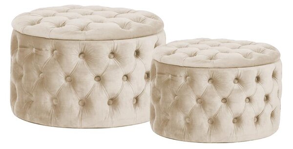 Set 2 Pouf Contenitore Ø50 cm e Ø70 cm in Tessuto Velluto Crema