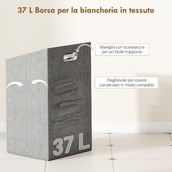 DecHome Mobile Bagno a Doghe con Cesto Portabiancheria e Armadietto, in Bamb e Poliestere, 40x30x95 cm, colore Grigio/Legno