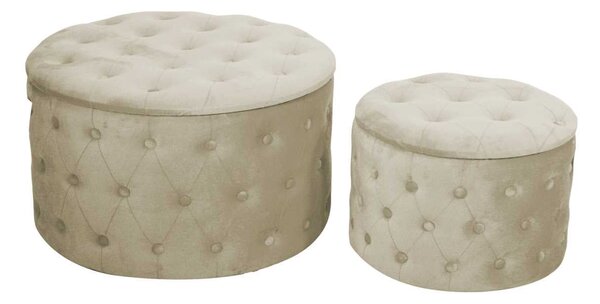 Set 2 Pouf Contenitore Ø50 cm e Ø70 cm in Tessuto Velluto Crema