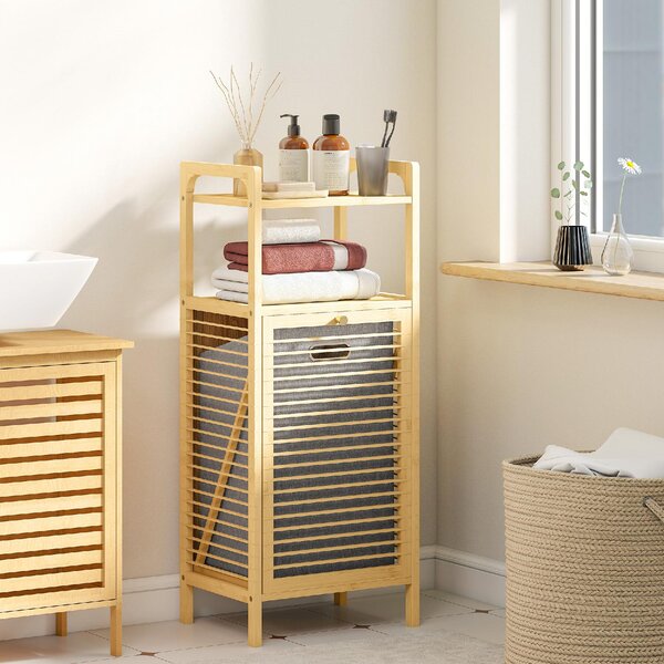 DecHome Mobile Bagno a Doghe con Cesto Portabiancheria e Armadietto, in Bamb e Poliestere, 40x30x95 cm, colore Grigio/Legno