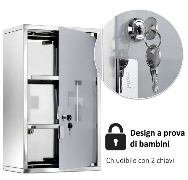 HomCom Armadietto medicinali Cassetta porta medicine Mobile Bagno Primo Soccorso in Acciaio Inox con Serratura 50x30x18cm|Aosom