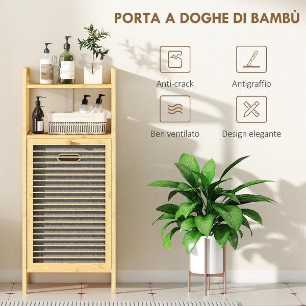 DecHome Mobile Bagno a Doghe con Cesto Portabiancheria e Armadietto, in Bamb e Poliestere, 40x30x95 cm, colore Grigio/Legno