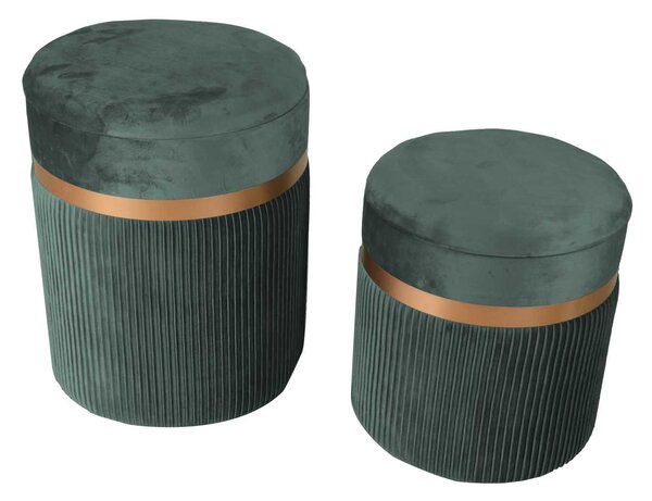 Set 2 Pouf Contenitore Ø35 cm e Ø39 cm in Tessuto Velluto Verde Salvia