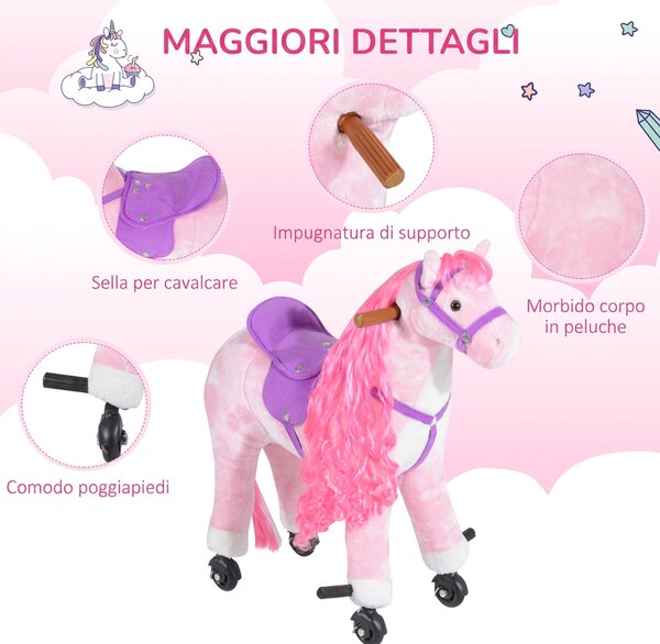 HOMCOM Cavallo a Dondolo per Bambini 3+ Anni con 4 Rotelle, Suoni Realistici e Poggiapiedi, 65x28x75 cm, Rosa|Aosom