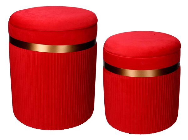 Set 2 Pouf Contenitore Ø35 cm e Ø39 cm in Tessuto Velluto Rosso