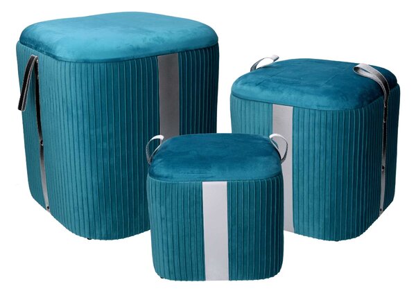 Set 3 Pouf Contenitore in Tessuto Velluto Turchese