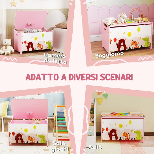 AIYAPLAY Baule Portagiochi per Bambini con Cerniere di Sicurezza in Legno con Disegni di Animali, 60x37x39 cm, Rosa | Aosom Italy