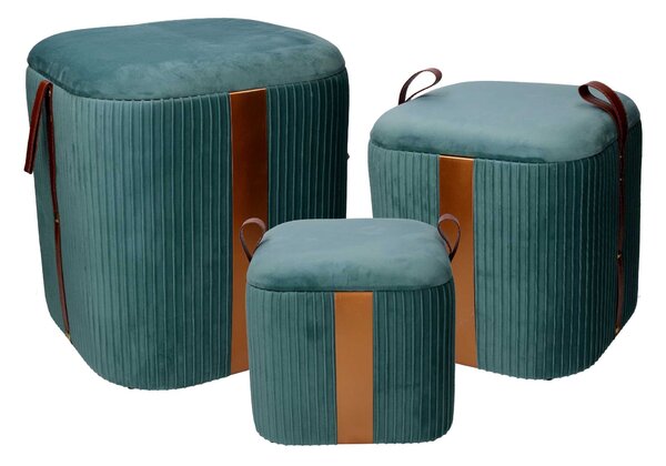 Set 3 Pouf Contenitore in Tessuto Velluto Verde Salvia