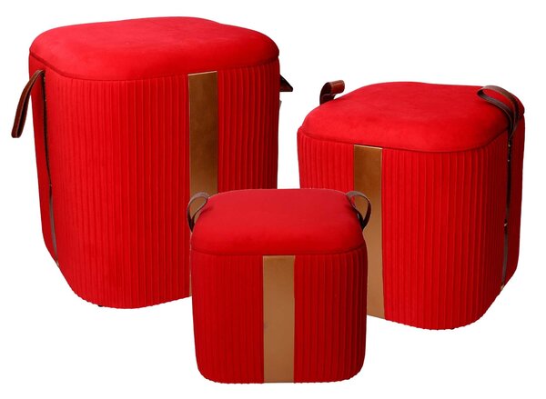 Set 3 Pouf Contenitore in Tessuto Velluto Rosso