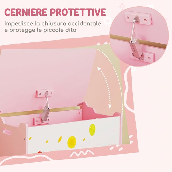 AIYAPLAY Baule Portagiochi per Bambini con Cerniere di Sicurezza in Legno con Disegni di Animali, 60x37x39 cm, Rosa | Aosom Italy