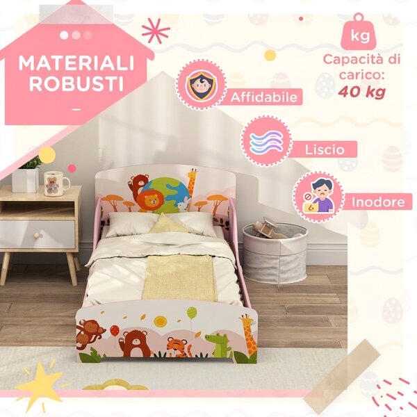 AIYAPLAY Lettino per Bambini 3+ Anni in Legno con Bordi Rialzati e Sponde di Sicurezza, 143x77x60 cm, Rosa | Aosom Italy