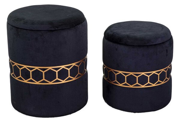 Set 2 Pouf Contenitore Ø35 cm e Ø39 cm in Tessuto Velluto Nero