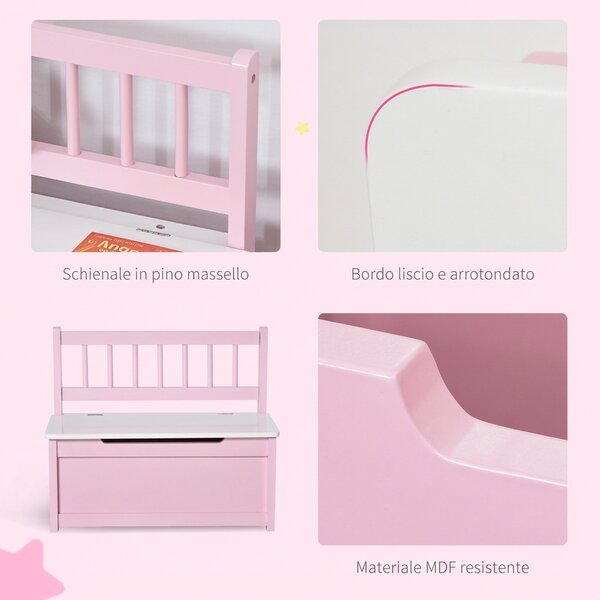 HOMCOM Cassapanca per Bambini 2-5 Anni in Legno con Pistone per Chiusura Sicura, Capacità 40 kg, Rosa e Bianco | Aosom Italy