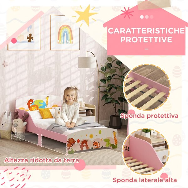 AIYAPLAY Lettino per Bambini 3+ Anni in Legno con Bordi Rialzati e Sponde di Sicurezza, 143x77x60 cm, Rosa | Aosom Italy