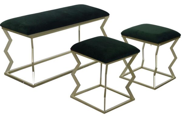 Panca con 2 Pouf in Metallo e Velluto Verde
