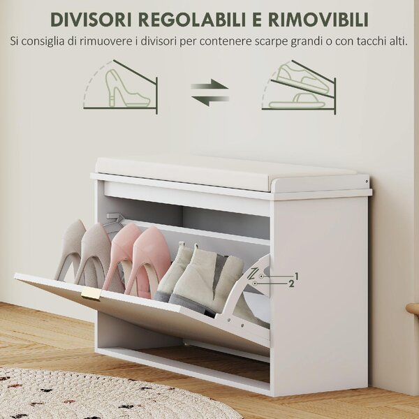 DecHome Panca Scarpiera 1 Anta a Ribalta Dimensioni 80x26x47.5 cm colore Bianco/Beige