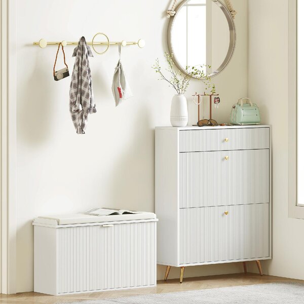 DecHome Panca Scarpiera 1 Anta a Ribalta Dimensioni 80x26x47.5 cm colore Bianco/Beige