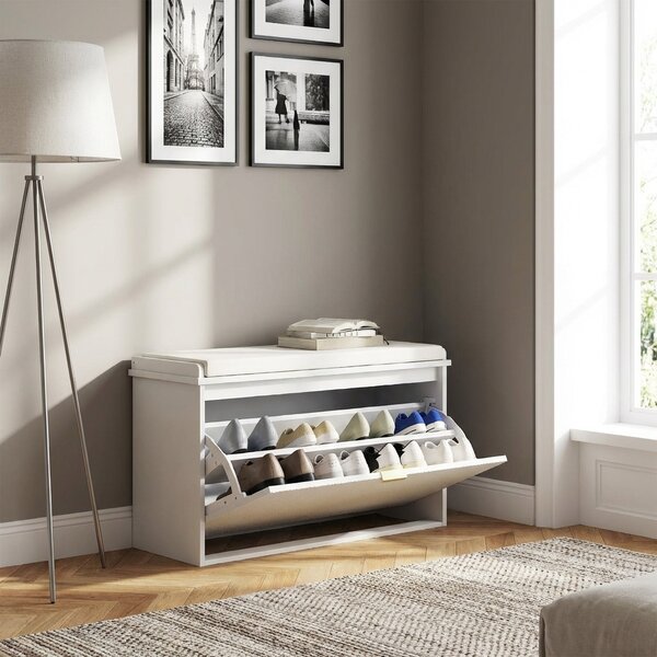 DecHome Panca Scarpiera 1 Anta a Ribalta Dimensioni 80x26x47.5 cm colore Bianco/Beige