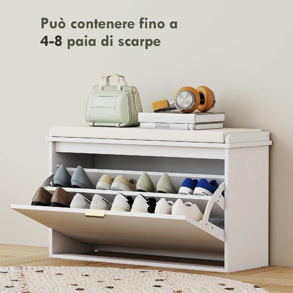 DecHome Panca Scarpiera 1 Anta a Ribalta Dimensioni 80x26x47.5 cm colore Bianco/Beige