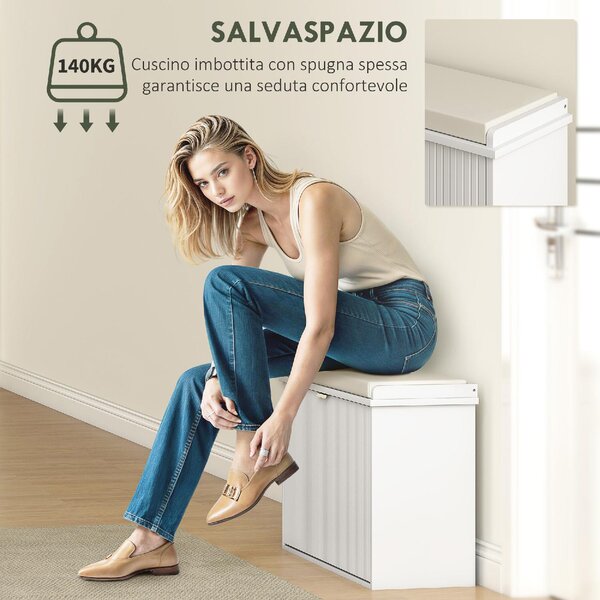 DecHome Panca Scarpiera 1 Anta a Ribalta Dimensioni 80x26x47.5 cm colore Bianco/Beige