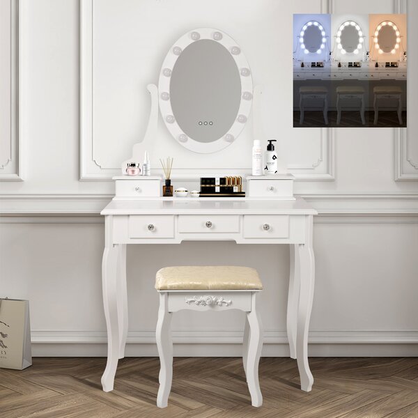 ML-Design tavolo da toilette bianco con illuminazione LED, tavolo da toilette con specchio, sgabello e 5 cassetti, 80x129x40 cm, stile country