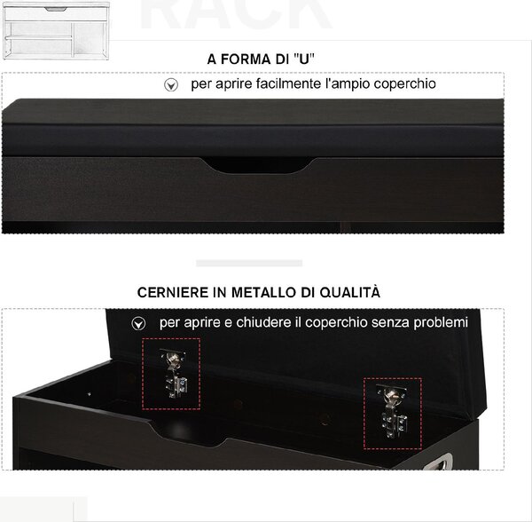 DecHome Panca Scarpiera 3 Ripiani 1 Vano superiore a Scomparsa Dimensioni 80x30x45 cm colore Noce Scuro/Nero