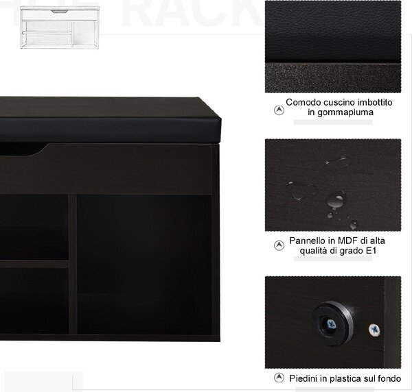 DecHome Panca Scarpiera 3 Ripiani 1 Vano superiore a Scomparsa Dimensioni 80x30x45 cm colore Noce Scuro/Nero