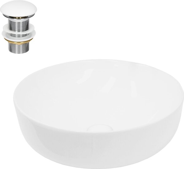 Lavabo LuxeBath Lavabo da appoggio rotondo, Ø 40x13,5 cm, bianco, in Vetroceramica, incl. set di scarico senza troppopieno