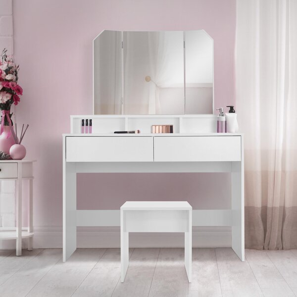 ML-Design tavolino da toilette bianco con sgabello, tavolino da toilette con specchio pieghevole a 3 pezzi e 2 cassetti, 100x40x140 cm, tavolino cosmetico con 3 scomparti aperti