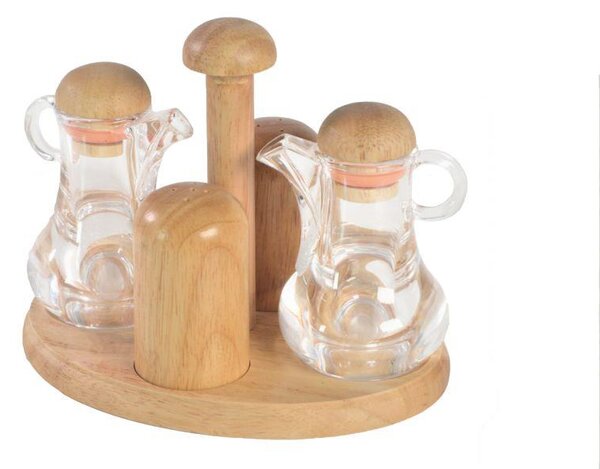 Menage Set Olio Aceto Sale e Pepe 19.5x14.5xh15.5 cm in Legno e Vetro con Stand