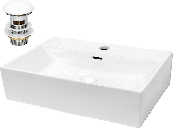 Lavabo LuxeBath Lavabo da appoggio Square, 51,5x36x13 cm, bianco, in Vetroceramica, incl. set di scarico con troppopieno