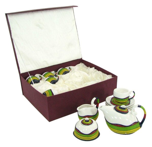 Set Tazze The 9 Pezzi con Teiera e Lattiera in Porcellana Decoro in Bambù Multicolor