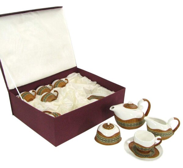 Set Tazze The 9 Pezzi con Teiera e Lattiera in Porcellana Decoro in Bambù Noce