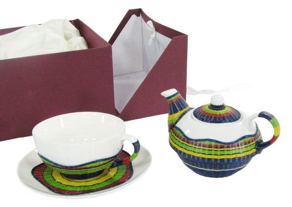 Set Teiera con Tazza e Piattino in Porcellana in Porcellana Decoro in Bambù Multicolor