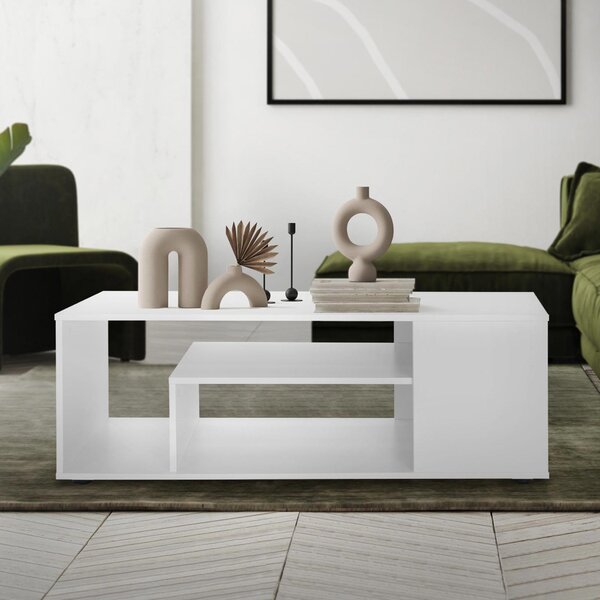Tavolino di design ML in bianco, 110x50x41 cm, Ampio tavolo da soggiorno con 4 ripiani su 3 livelli, Tavolo da divano moderno con ampio spazio di archiviazione