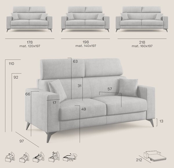 Pegaso divano letto con poggiatesta reclinabili e rivestimento T02 ver