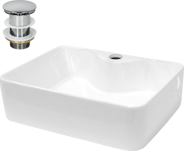 LuxeBath Lavabo Lavabo da appoggio quadrato, 48x38x14 cm, bianco, in Vetroceramica, incl. set di scarico senza troppopieno