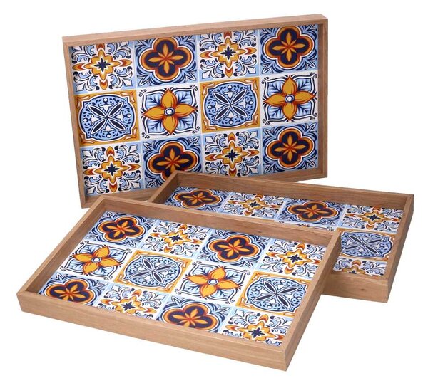 Set 3 Vassoi Rettangolari da Cucina in Legno Azzurro Multicolor