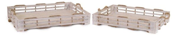 Set 2 Vassoi Rettangolari da Cucina in Legno Sbiancato con Corda