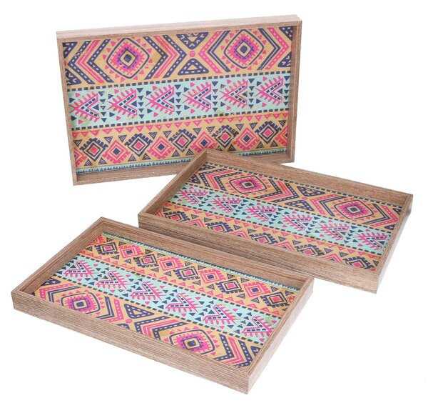 Set 3 Vassoi Rettangolari da Cucina in Legno Arancione Multicolor