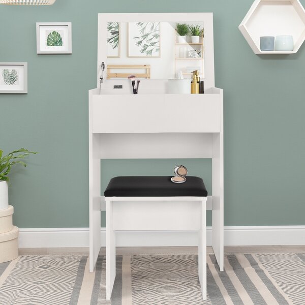 ML-Design tavolo da toilette con sgabello, tavolo da toilette con specchio, 60x40x122 cm, bianco, moderno, rettangolare ed elegante tavolo per cosmetici / tavolo per il trucco