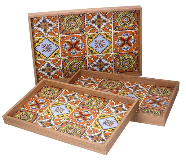 Set 3 Vassoi Rettangolari da Cucina in Legno Arancione Multicolor