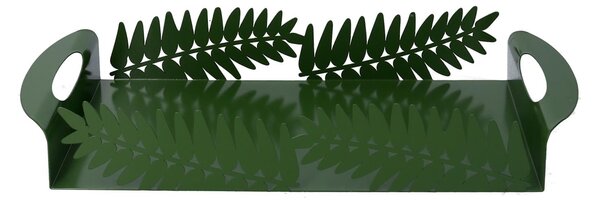 Vassoio Rettangolare 41x20xh6,5 cm in Metallo Design Foglia Alloro Verde Scuro