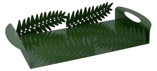 Vassoio Rettangolare 41x20xh6,5 cm in Metallo Design Foglia Alloro Verde Scuro