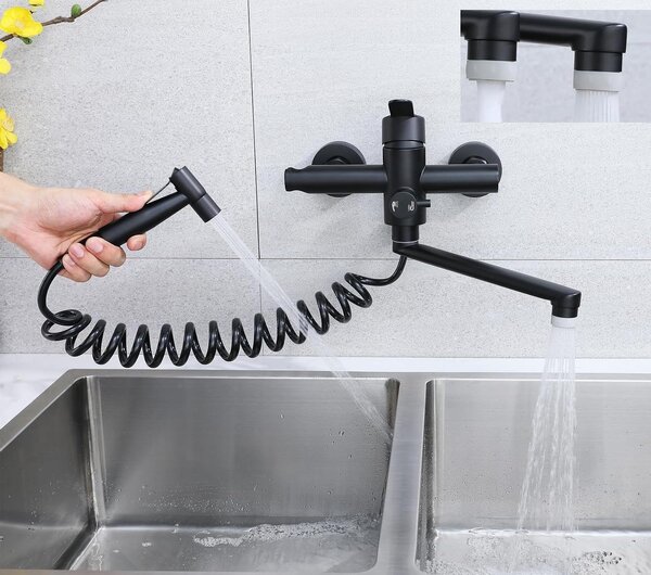 Rubinetto da cucina a parete - Miscelatore da cucina con beccuccio estraibile - Igiene ottimale - Quattro modalità di funzionamento - Estensione di 23 cm - Finitura nera opaca