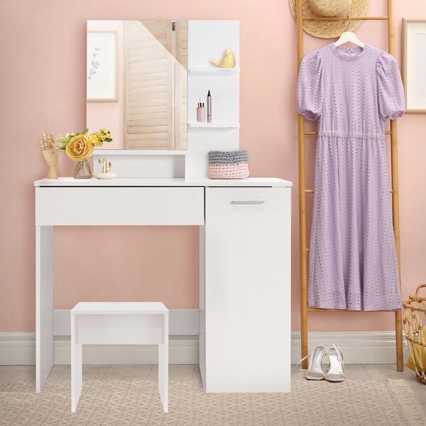 ML-Design tavolino da toilette bianco con sgabello, tavolino da toilette con specchio e cassetto, 90x38x138 cm, bianco, moderno, tavolino per cosmetici con mobile di base