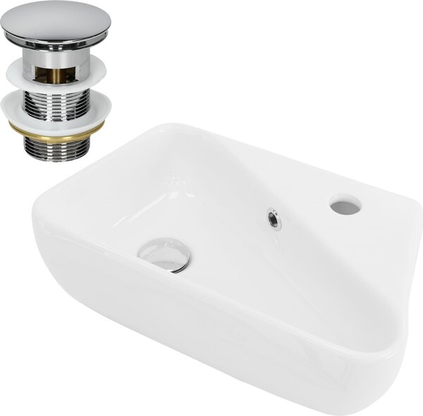 LuxeBath Lavabo da appoggio Angolare, 45x27x13 cm, bianco, Vetroceramica, foro per rubinetto a destra, incluso set di scarico con troppopieno