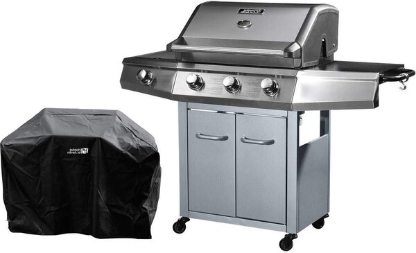 Barbecue a gas - Cucina esterna con griglia - Cottura all'aperto - 4 bruciatori, incluso un bruciatore laterale - Dimensioni: 143 x 57 x 115 cm